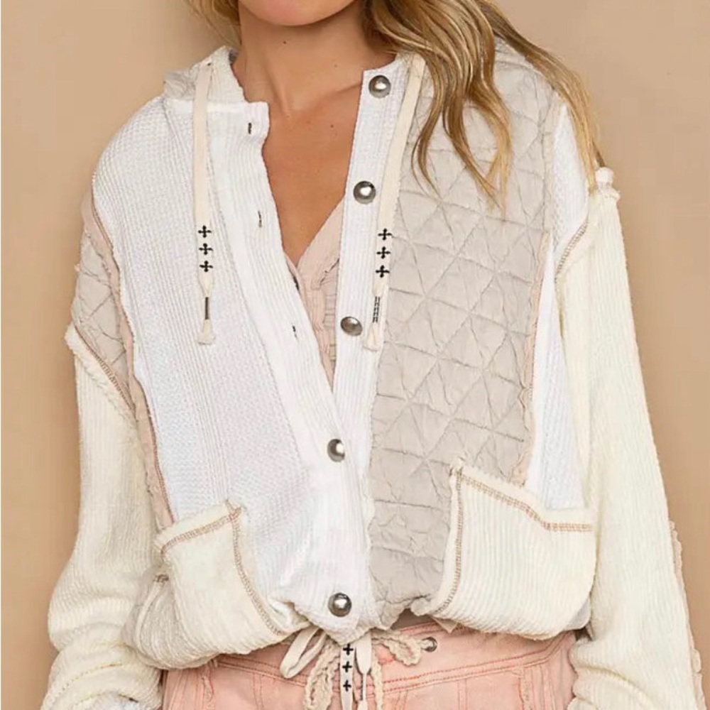 Cut Sew Multi Fabric Hooded Button Down Combo Shacket- Cream